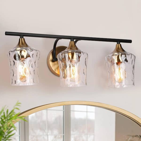 20 in. Modern 3-Light Black Wall Sconce Brass Gold Transitional Bath Lighting Water Glass Shade Bathroom Vanity Light
