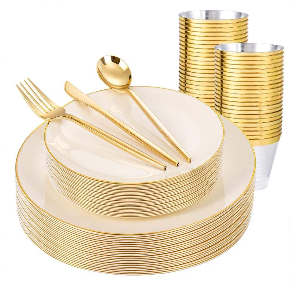 Ivory Beige Family Disposable Plastic Tableware Set Plates Cups Utensils Gold Rim for Party Wedding 150pcs price history on PriceWatchPro