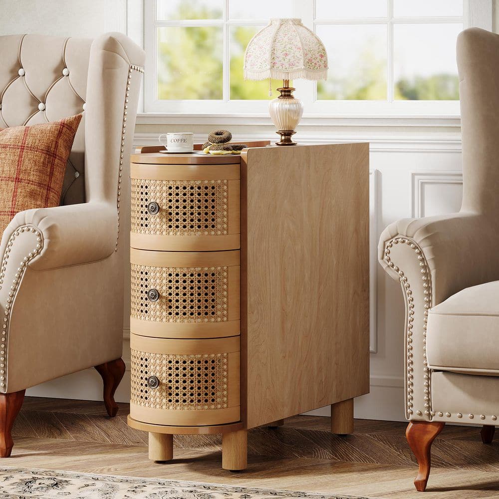 Kerlin 23.62 in. Light Brown U-Shaped Solid Wood Side Table Cabinet Nightstand with Rattan 3-Drawer (Installed)