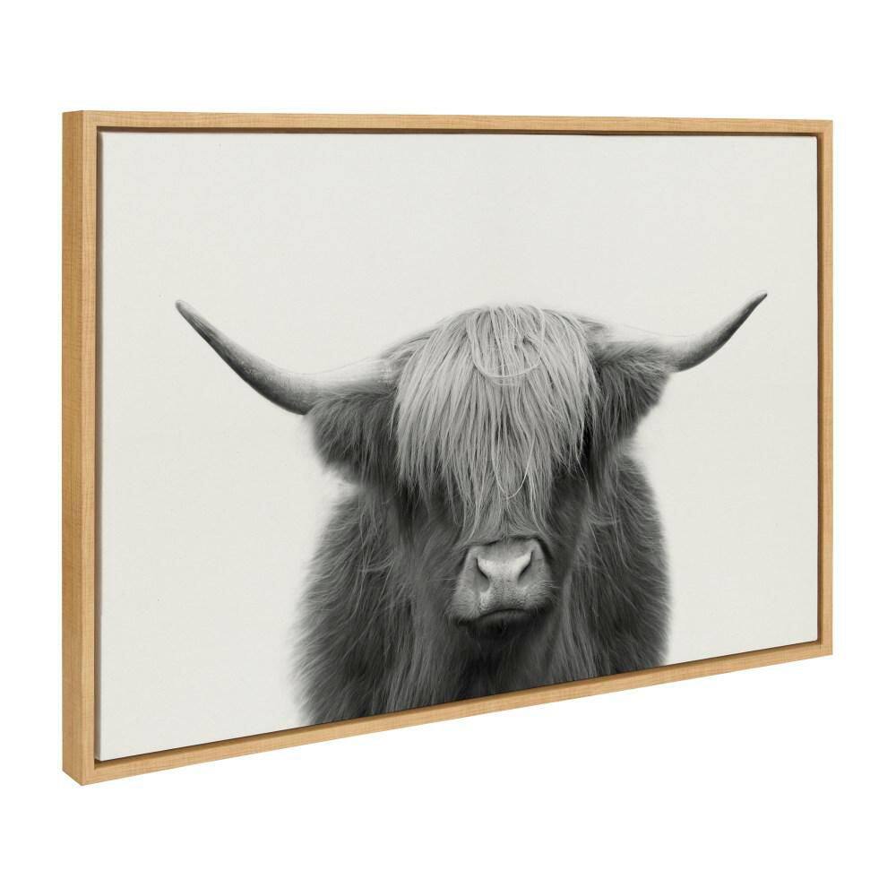 Large Black and White Highland Cow Canvas Print with Natural Frame