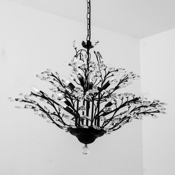 Maxax Chicago 12-Light Black Iron Branch Traditional Glam Clear Crystal Chandelier