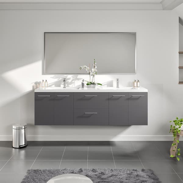 Eviva Axis 72 in. W x 20 in. D x 23 in. H Floating Double Sink Bath Vanity in Gray with White Acrylic Top