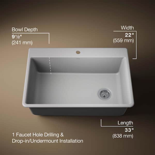 KOHLER Kennon Matte Grey Solid Surface 33 in. Single Bowl Drop-In