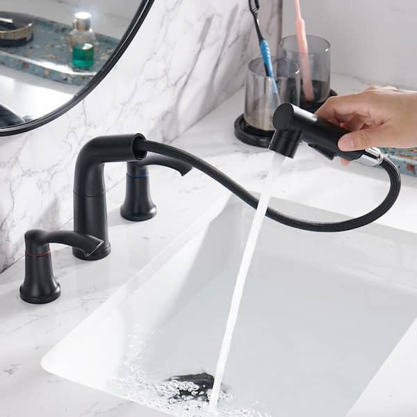 8 in. Widespread 2-Handles Pull Out Bathroom Faucet with Pop-Up Drain Kit and 3-Spray Setting in Matte Black