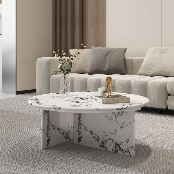 33 in. White Round Marble Coffee Table with Sturdy Base and Rounded Corners for Living Room