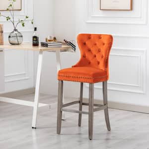 Harper 29 in. High Back Nail Head Trim Button Tufted Orange Velvet Counter Stool with Solid Wood Frame in Antique Gray