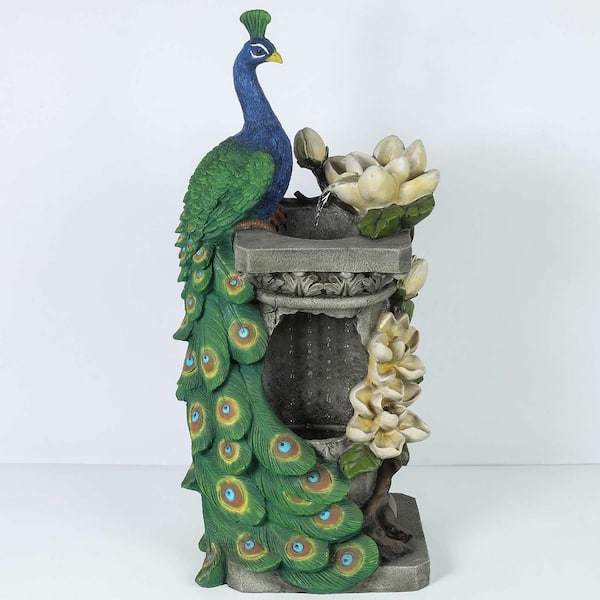 LuxenHome Polyresin Peacock Outdoor Fountain with LED Light
