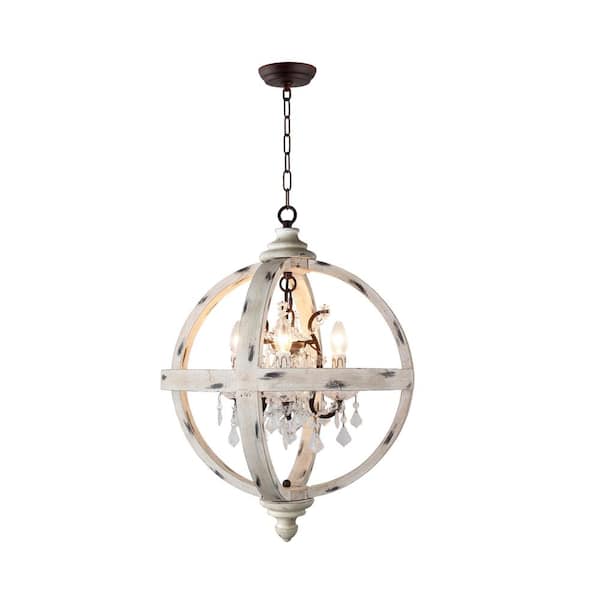 Unbranded 4-Light Withered White Wood Globe Chandelier with no Bulbs Included