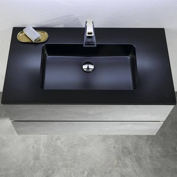 Wall-Mounted 48 in. W x 18.9 in. D x 19.7 in. H. Bath Vanity in Cement Gray with Matt Black Quartz Top with Black Basin