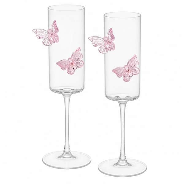 2-Piece 6 oz. Lead-Free Glass 3D Pink Butterfly Smooth Style Wine Champagne Glasses for Wine Cocktails