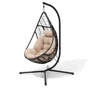 Metal Frame PE Rattan Egg Chair Porch Swing with Beige Cushion