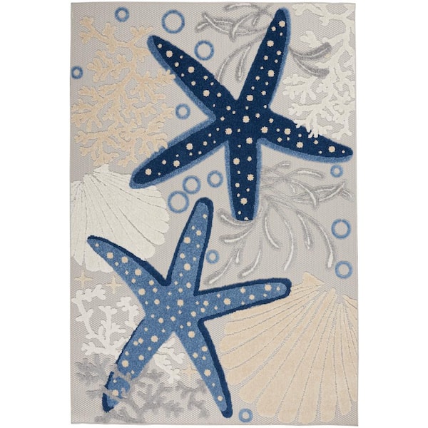 Aloha Blue/Gray 5 ft. x 7 ft. Floral Modern Indoor/Outdoor Patio Area Rug