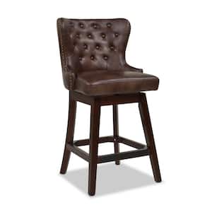 Holmes 27 in. Tufted Mid Brown Faux Leather High Back Swivel Kitchen Counter Height Bar Stool with Wood Frame