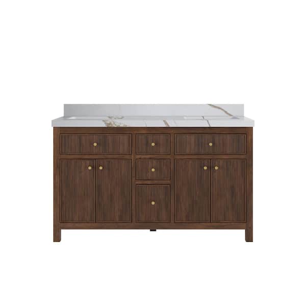 Willow Collections Sonoma Teak 60 in. Double Sink Freestanding Dark Walnut Bath Vanity with Calcutta Gold Quartz Top Unassembled