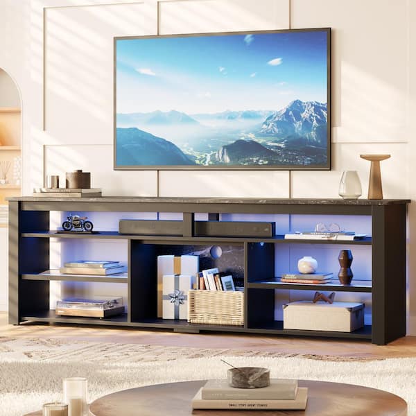 Modern Black Marble TV Stand Entertainment Center Fits TV's up to 75 in. with RGB LED Lights and Acrylic Shelves