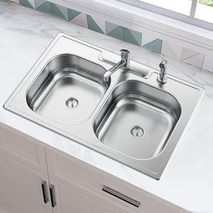 33 in. Drop-In 50/50 Double Bowl 20 Gauge Stainless Steel Kitchen Sink with Faucet