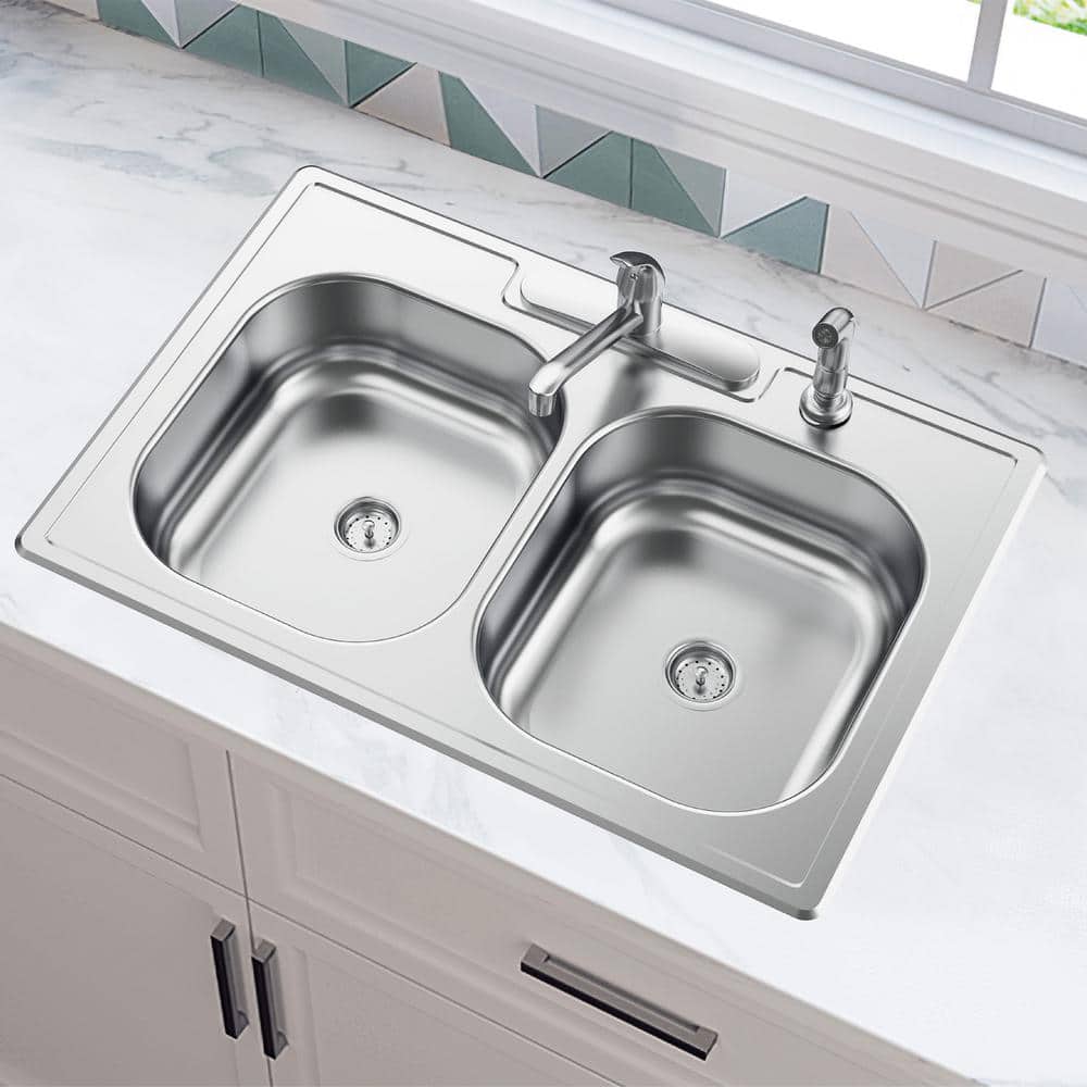 33'' Brushed Stainless Steel Double Bowl Kitchen Sink with Faucet
