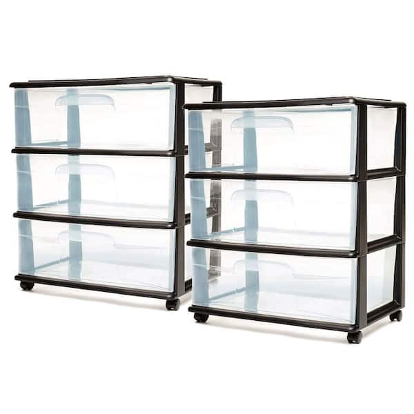 HOMZ 15 in. W x 25.5 in. H x 21.5 in. D Black Solid Plastic 3-Drawer Storage Cart with Wheels (2-Pack)