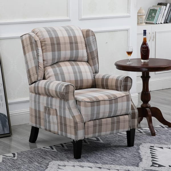 LUCKY ONE Beige Plaid Fabric Modern Recliner with Side Pocket, for Living Room