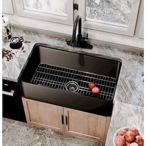 Black Fireclay 33 in. Single Bowl Farmhouse Apron Kitchen Sink with Faucet and Accessories All-in-One Kit