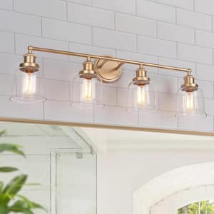 Mid-Century Modern Bathroom Vanity Light 29.9 in. 4-Light Brass Gold Bell Wall Light with Clear Glass Shades