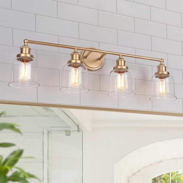 Uolfin Mid-Century Modern Bathroom Vanity Light 29.9 in. 4-Light Brass Gold Bell Wall Light with Clear Glass Shades