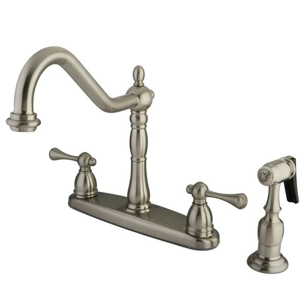 Kingston Brass English Vintage 2-Handle Deck Mount Centerset Kitchen Faucets with Side Sprayer in Brushed Nickel
