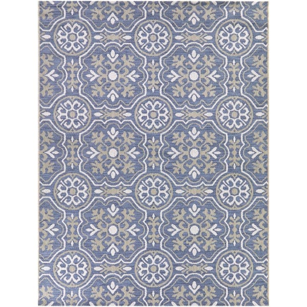 Blue 8 ft. x 10 ft. Neutral Tiles Indoor/Outdoor Area Rug