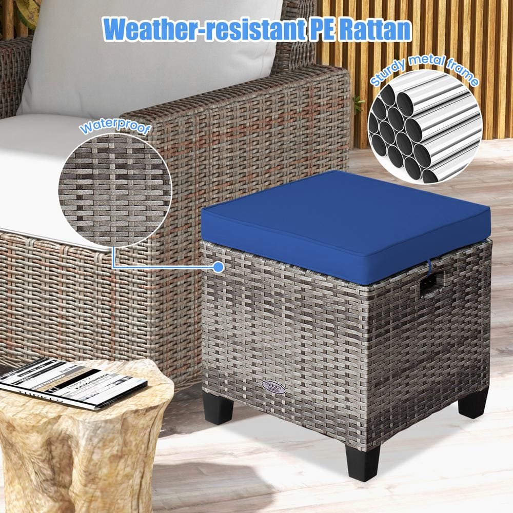 Mix Gray Steel Frame Outdoor Ottomans with Navy Cushions, 2 Pack