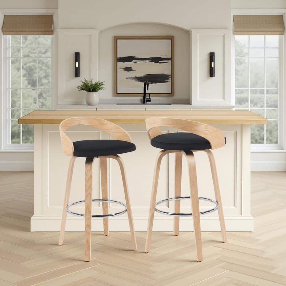 Sonia 35 in. H Black / Oak Open Back Wood Bar Stool with Polyester Fabric Seat Set of 2 price history on PriceWatchPro