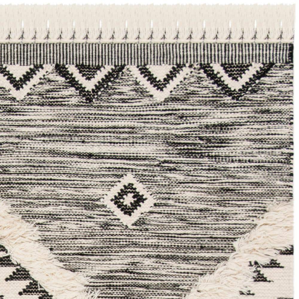 Hand-Knotted Black and Ivory Wool Geometric Area Rug