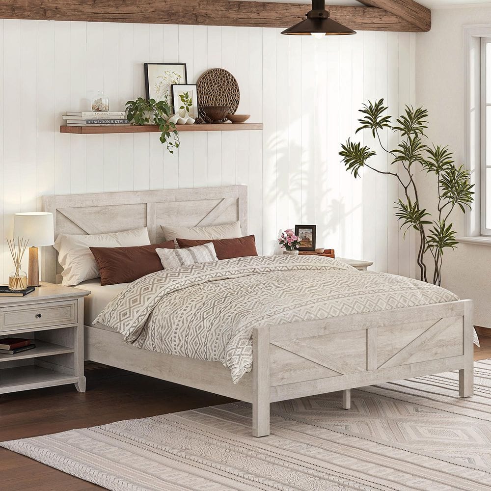 Rustic White Engineered Wood Frame King Size Platform Bed with Headboard, Footboard, and Under Bed Storage