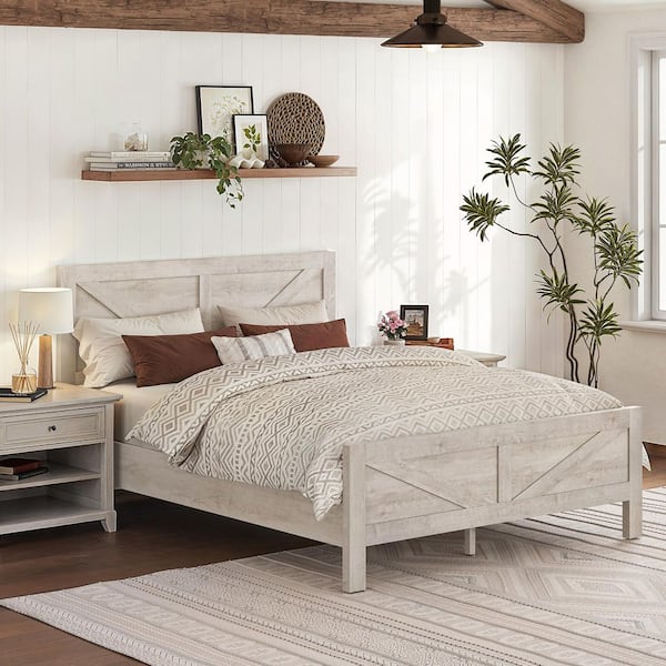 Rustic White Engineered Wood Frame Queen Size Platform Bed with Headboard, Footboard, and Under Bed Storage