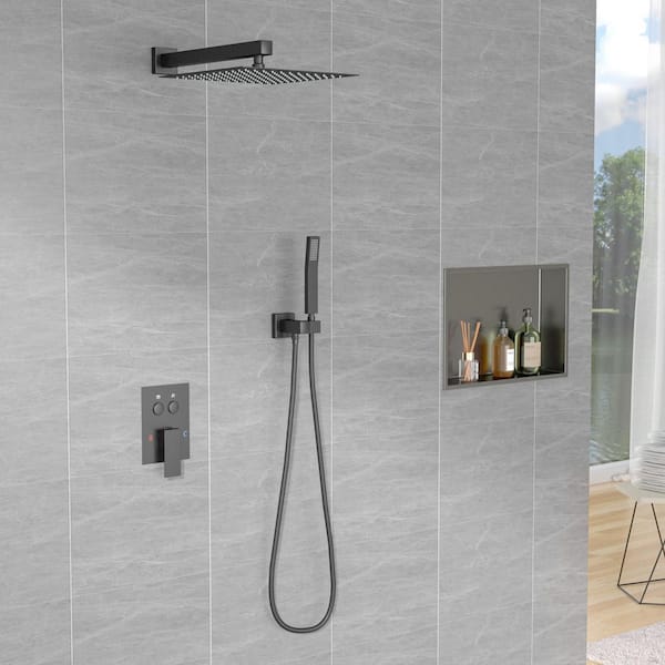 10 in. Wall Mount Rainfall Shower and Handheld Shower Combo Set 1.8 GPM 2-Spray in Matte Black wih Button Switching