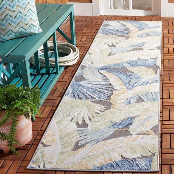 Sarasota Light Green/Navy 2 ft. x 9 ft. Floral Runner Rug