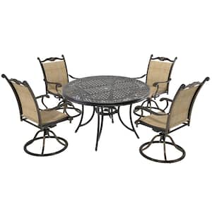 5-Piece Cast Aluminum Outdoor Dining Set with Text Ilene Swivel Chairs and Round Dining Table