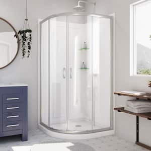 Prime 33 in. x 76.75 in. Semi-Frameless Corner Sliding Shower Enclosure in Brushed Nickel with Base and Backwalls