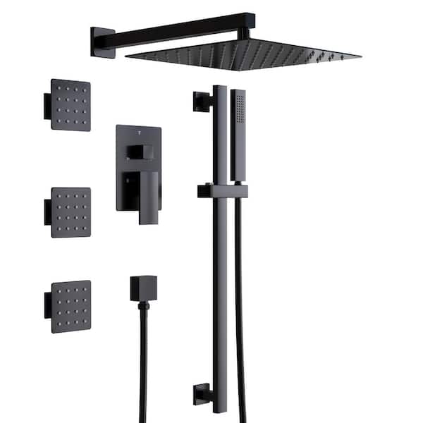 12 in. Wall Mount Shower Faucet Set with Sliding Bar and Body Spray Jets in Matte Black