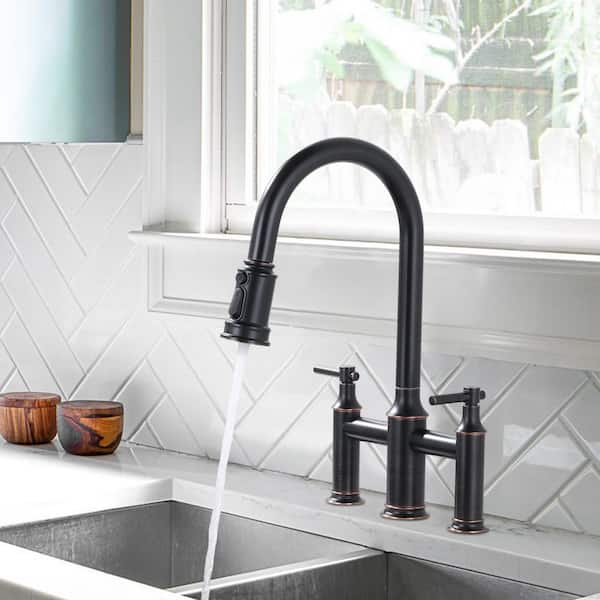 Double Handle Bridge Kitchen Faucet with 3-Spray Patterns and 360° Rotation Spout in Oil Rubbed Bronze