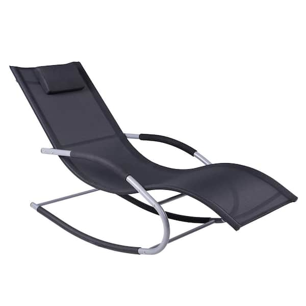 Otryad Metal Zero Gravity Outdoor Rocking Chair, Ergonomic Linen Recliner Rocker with Removable Padded Headrest in Black