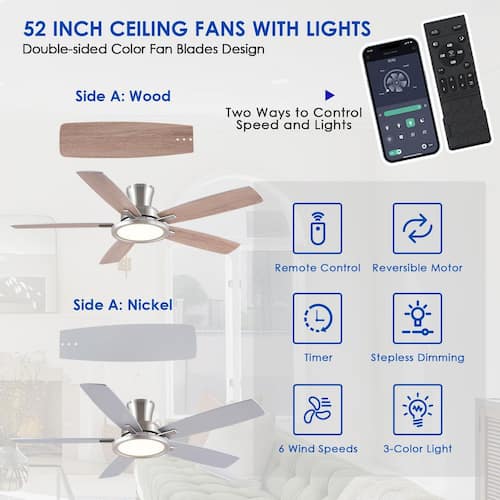 52 in. Indoor/Outdoor Modern Flush Mount Gray 6-Speed Ceiling Fan with LED Light and Remote/APP Control Lighting