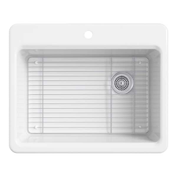 Riverby Drop-In Cast Iron 27 in. 1-Hole Single Bowl Kitchen Sink in White with Stainless Basin Rack