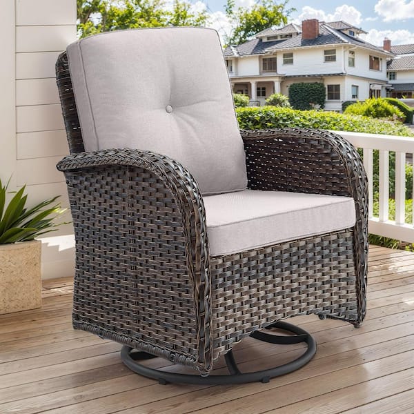 PlainCurve Metal and Brown Wicker Outdoor Rocking Chair Patio Swivel Chairs with Olefin Beige Cushions