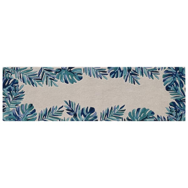 MILLERTON HOME Kai Ivory/Blue 2 ft. x 8 ft. Tropical and Transitional Hand-Tufted Wool Runner Rug