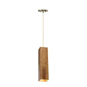 60-Watt 1-Light Warm Brass Shaded Pendant Light with Rubber Wood Shade, No Bulbs Included