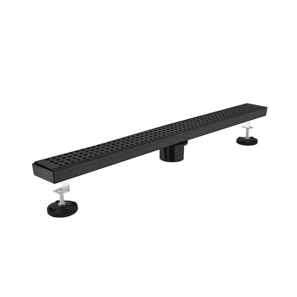 28 in. Stainless Steel Shower Drain with Square Pattern Drain Cover, Hair Strainer and Leveling Feet in Matt Black