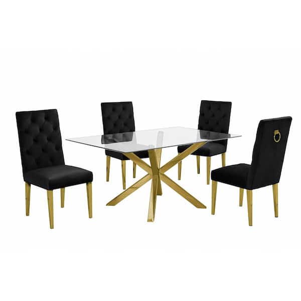 Best Quality Furniture Tom 5-Piece Rectangle Glass Top with Gold Stainless Steel Base Table Set with 4-Black Velvet Chairs W/Tufted Buttons
