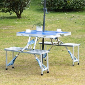 53.25 in. Ocean Blue Folding Rectangular Aluminum Picnic Table, Portable Camping Table Set Seats 4 with Umbrella Holes