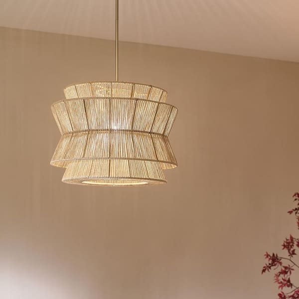 Ophira 22 in. 1-Light Champagne Bronze Boho Kitchen Pendant with Jute Shade