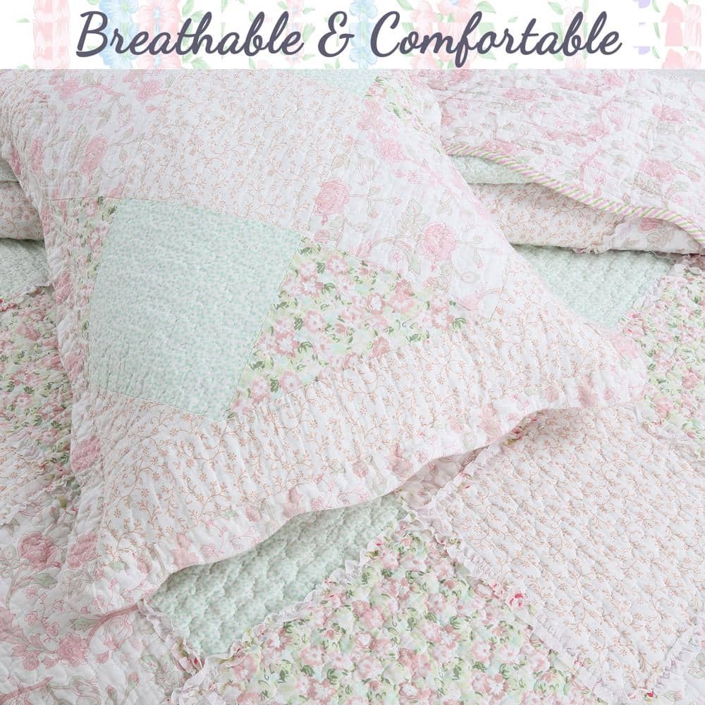 Pastel Floral Patchwork Cotton Reversible Queen Quilt Set